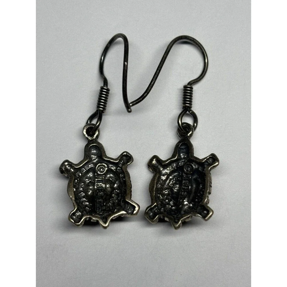 Vintage Sterling Silver 925 Earrings Turtle With Heart On Back Dangle Unique EFS